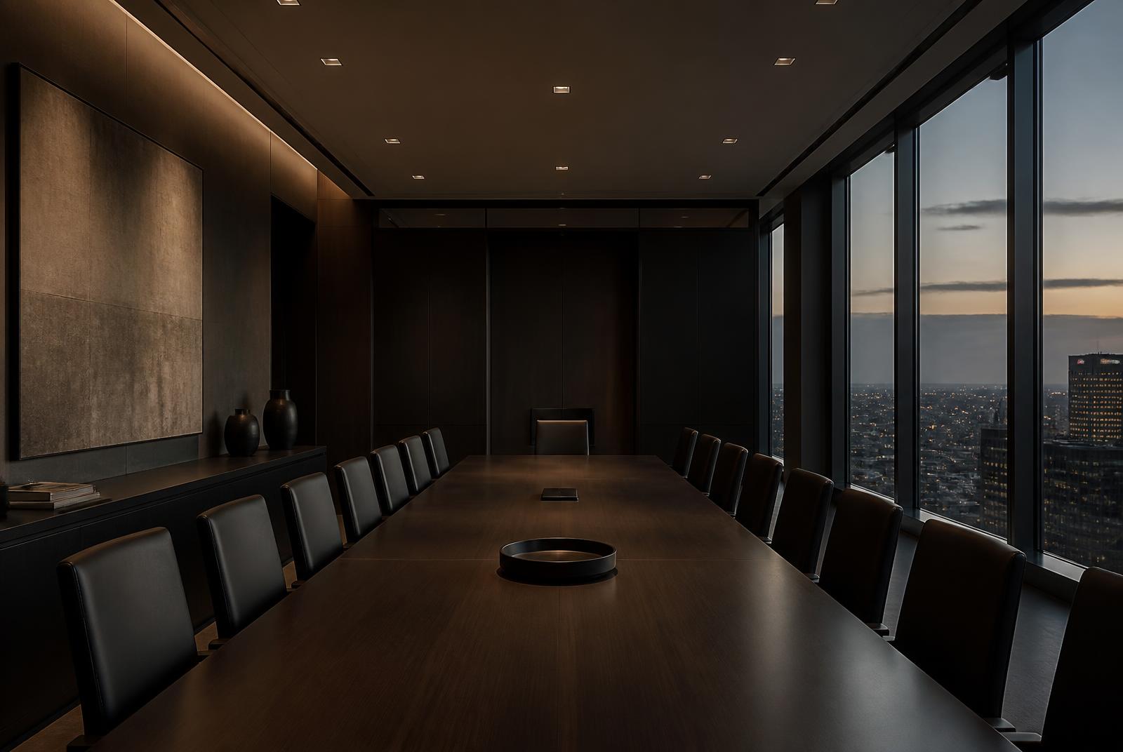 Empty executive boardroom overlooking a city at dusk